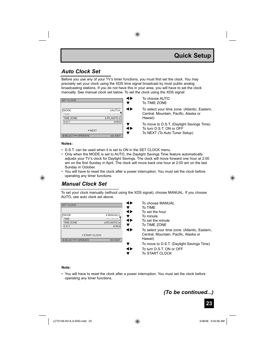 Quick setup, Manual clock set, Auto clock set (to be continued...) | JVC HD-56GC87 User Manual | Page 23 / 80