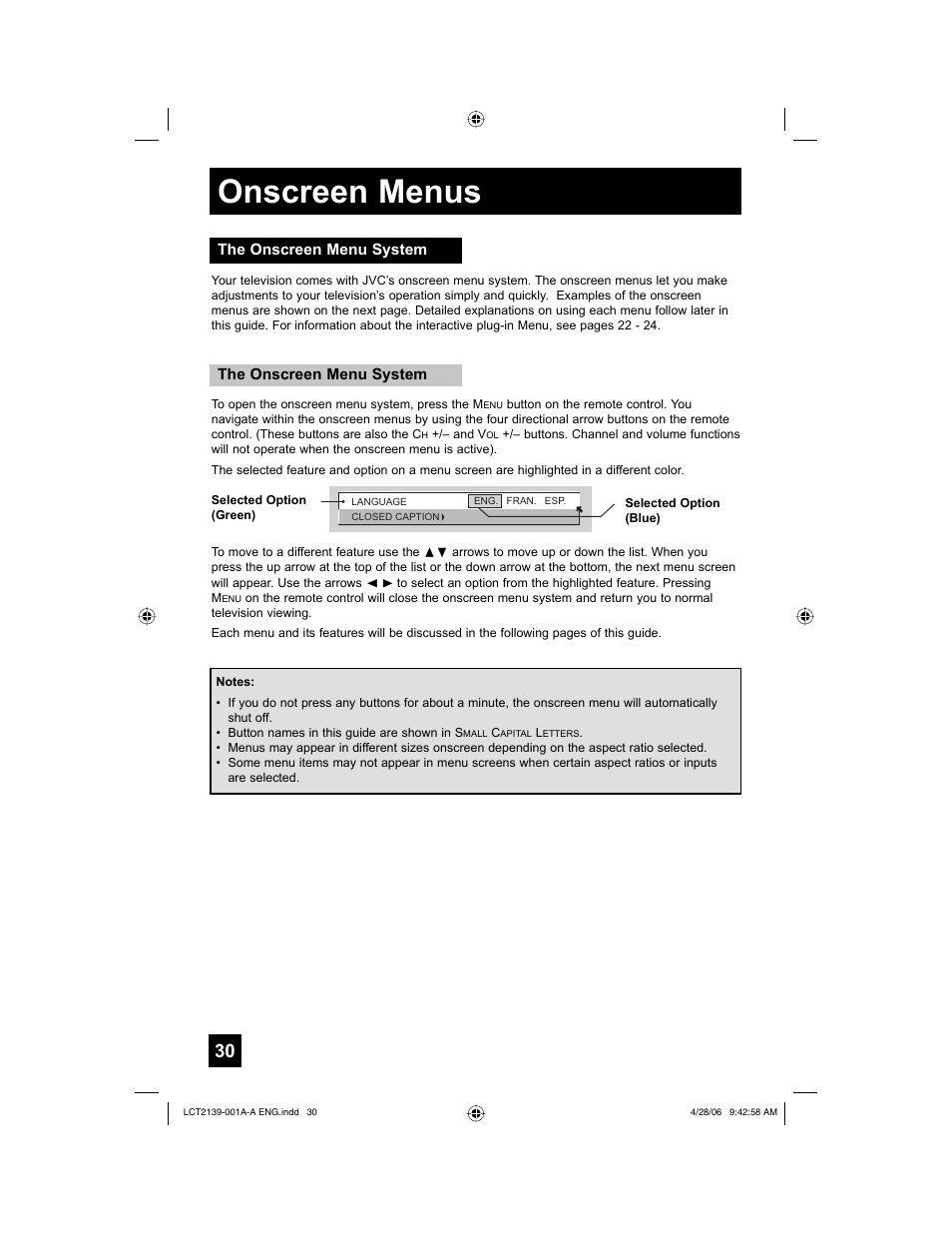 The onscreen menu system, Onscreen menus | JVC HD-56GC87 User Manual | Page 30 / 80