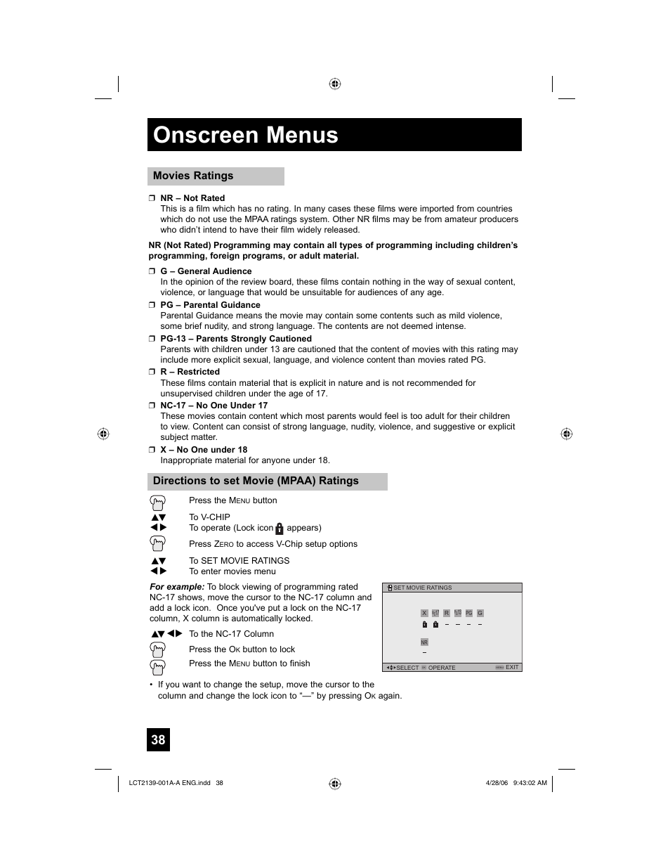 Onscreen menus, Movies ratings, Directions to set movie (mpaa) ratings | JVC HD-56GC87 User Manual | Page 38 / 80