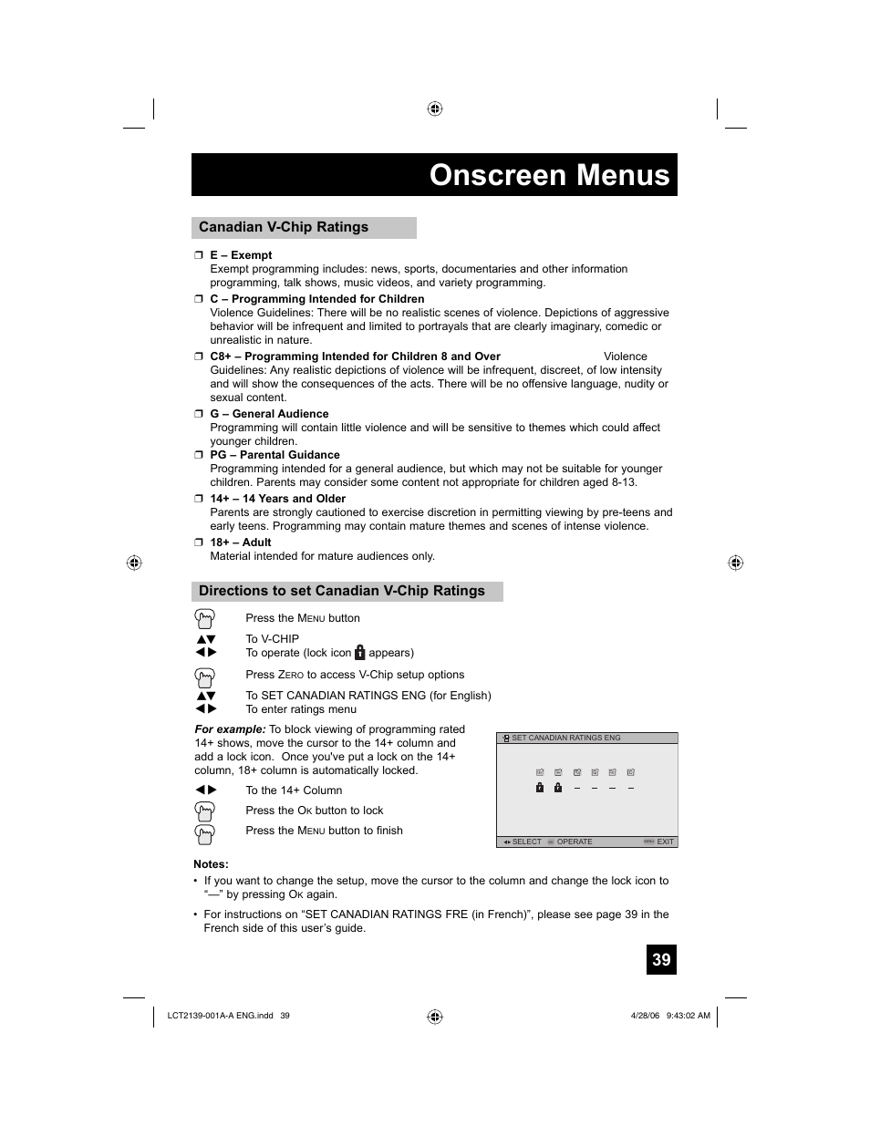 Onscreen menus, Directions to set canadian v-chip ratings, Canadian v-chip ratings | JVC HD-56GC87 User Manual | Page 39 / 80