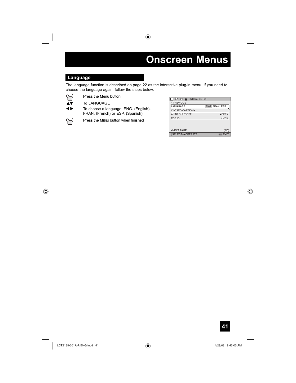 Language, Onscreen menus | JVC HD-56GC87 User Manual | Page 41 / 80