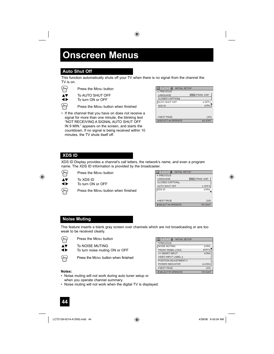Auto shut off, Xds id, Noise muting | Onscreen menus | JVC HD-56GC87 User Manual | Page 44 / 80