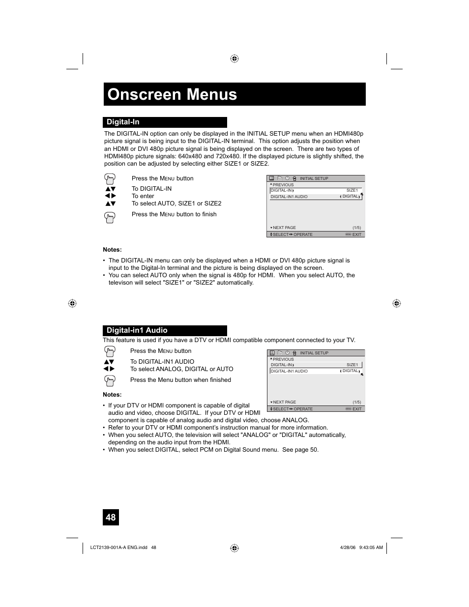 Digital-in, Digital-in1 audio, Onscreen menus | Digital-in digital-in1 audio | JVC HD-56GC87 User Manual | Page 48 / 80