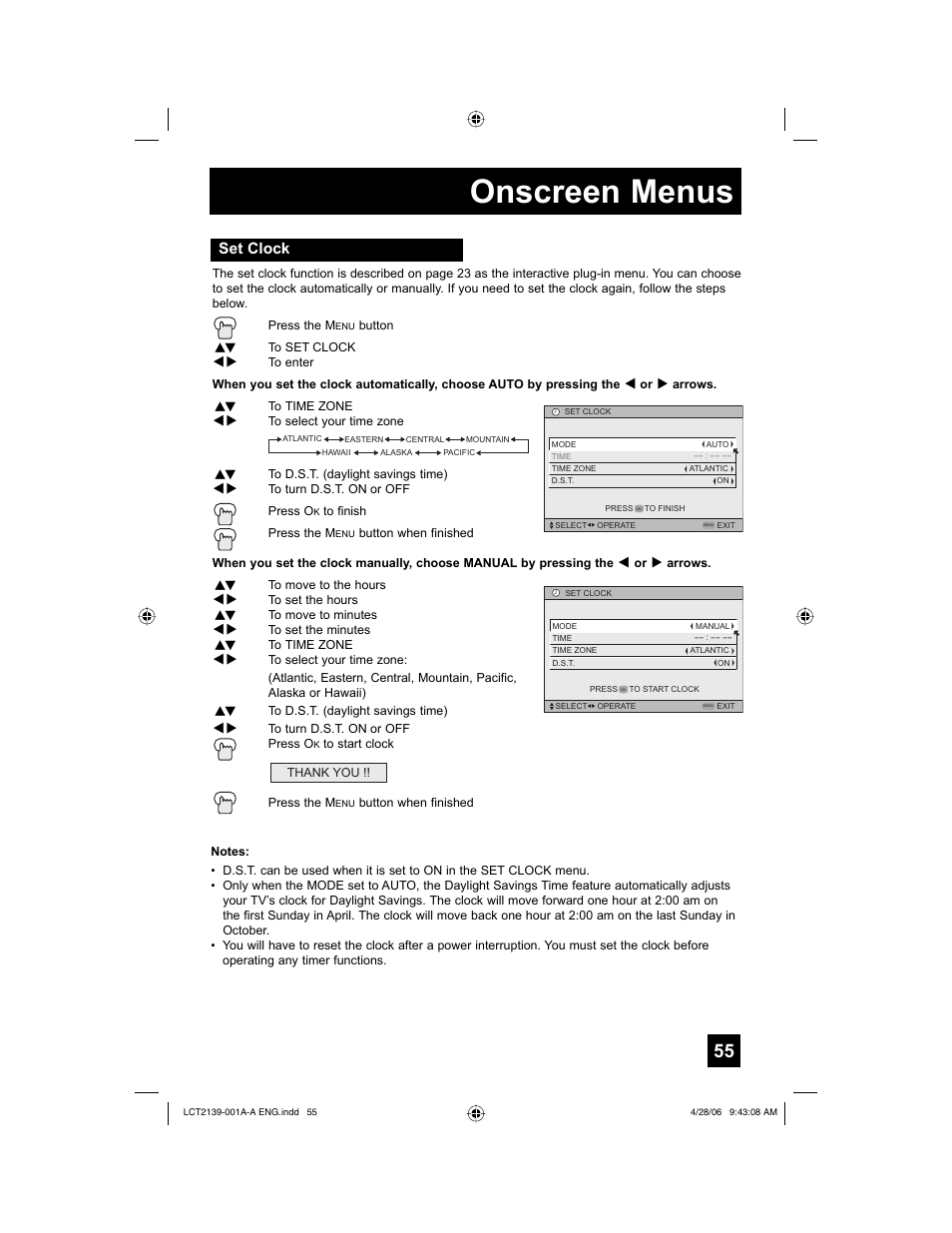 Set clock, Onscreen menus | JVC HD-56GC87 User Manual | Page 55 / 80