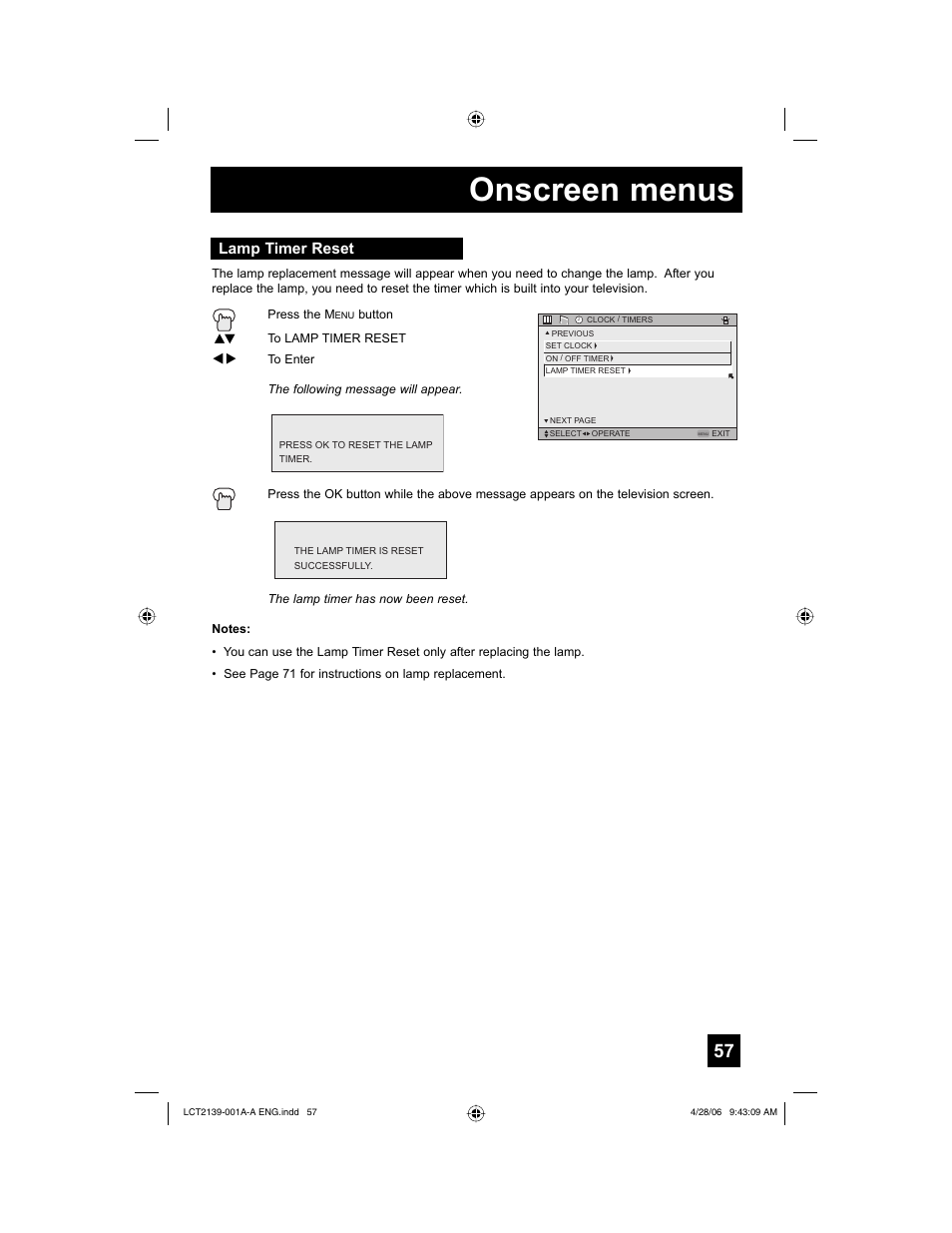 Lamp timer reset, Onscreen menus | JVC HD-56GC87 User Manual | Page 57 / 80