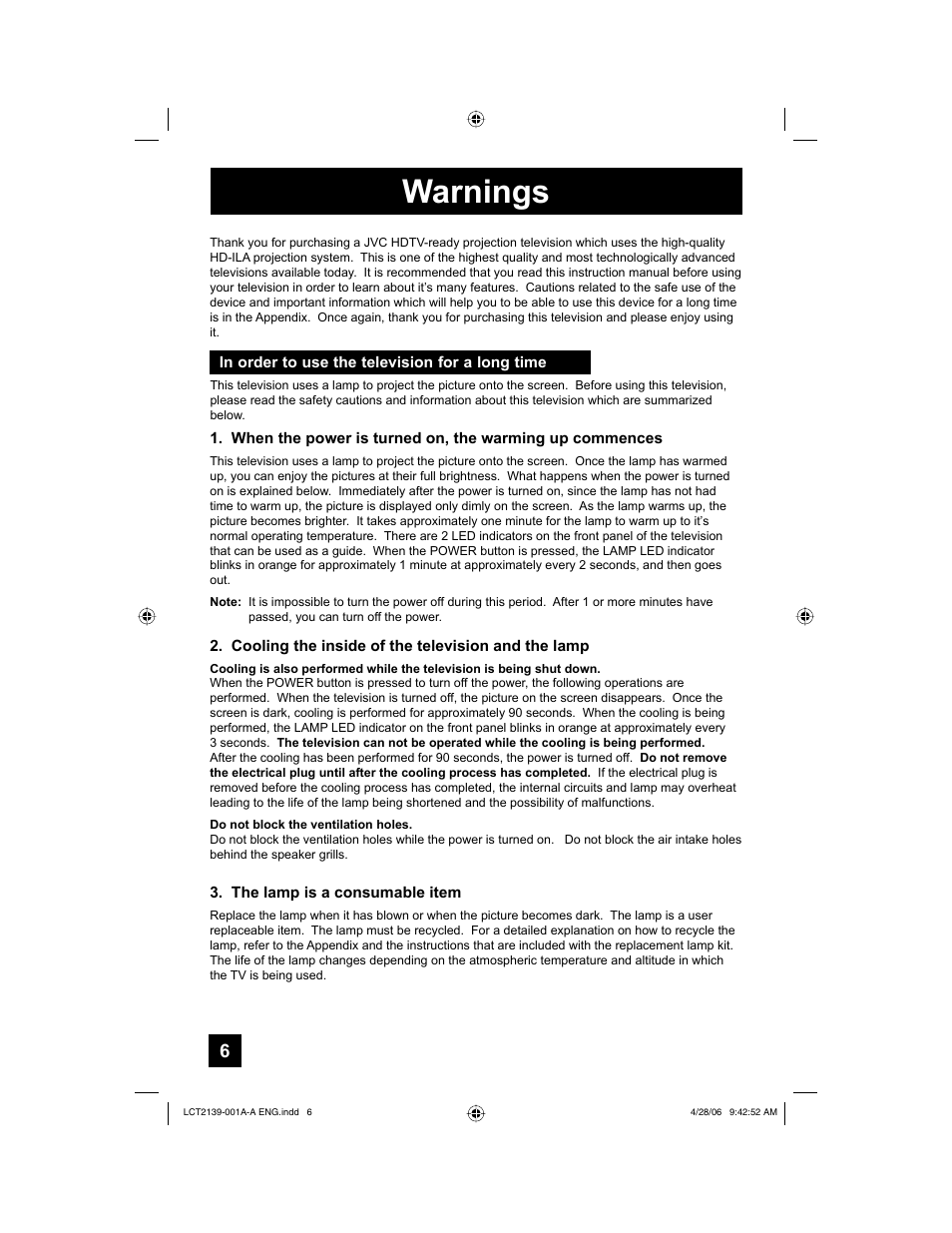 Warnings | JVC HD-56GC87 User Manual | Page 6 / 80