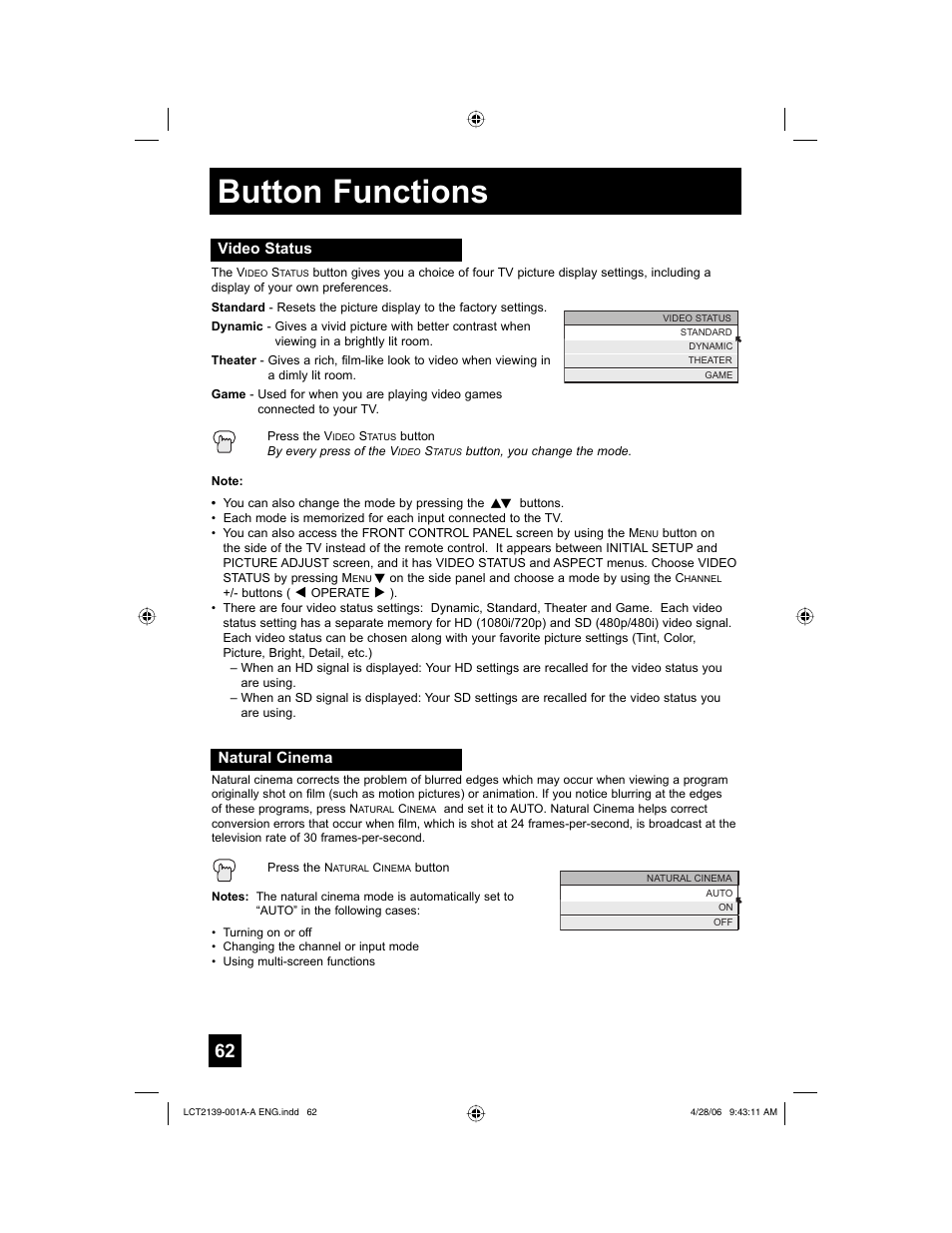 Video status, Natural cinema, Button functions | JVC HD-56GC87 User Manual | Page 62 / 80
