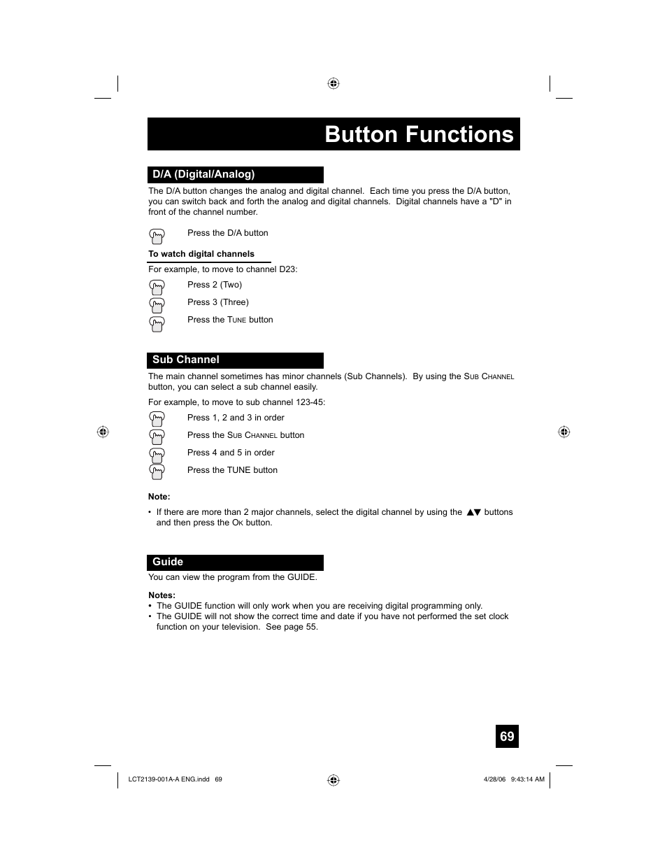 D/a (digital/analog), Sub channel, Guide | Button functions | JVC HD-56GC87 User Manual | Page 69 / 80