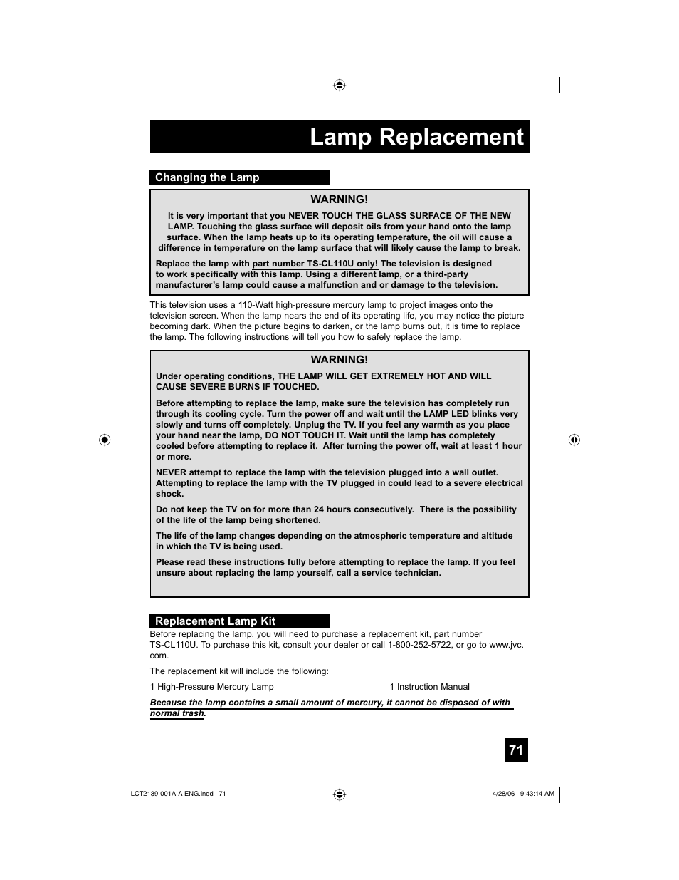 Lamp replacement, Changing the lamp, Replacement lamp kit | JVC HD-56GC87 User Manual | Page 71 / 80