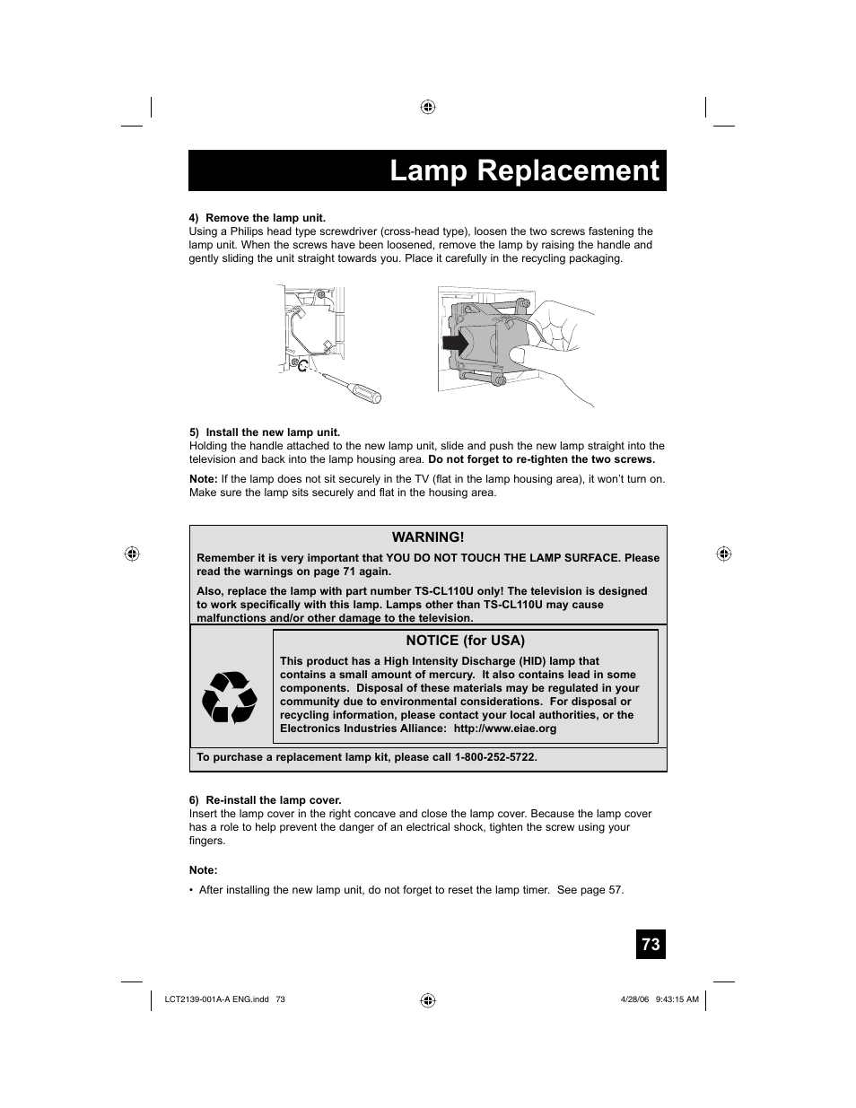 Lamp replacement | JVC HD-56GC87 User Manual | Page 73 / 80
