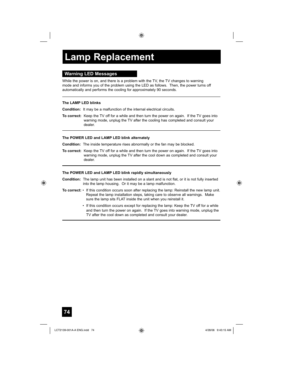 Warning led messages, Lamp replacement | JVC HD-56GC87 User Manual | Page 74 / 80