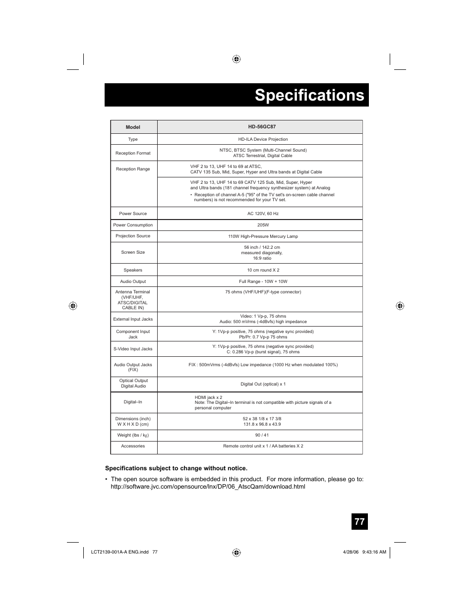Specifications | JVC HD-56GC87 User Manual | Page 77 / 80