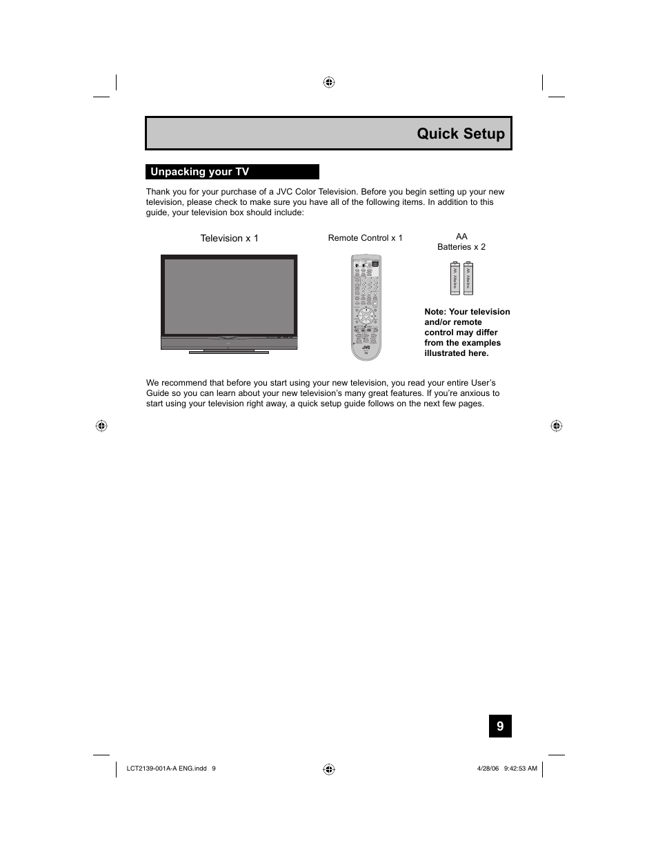 Quick setup, Unpacking your tv | JVC HD-56GC87 User Manual | Page 9 / 80