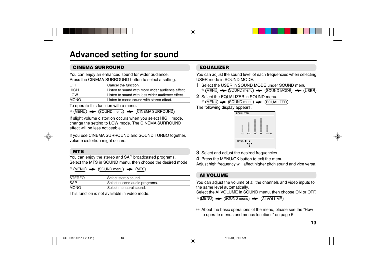 Advanced setting for sound | JVC AV-29VT15 User Manual | Page 13 / 22