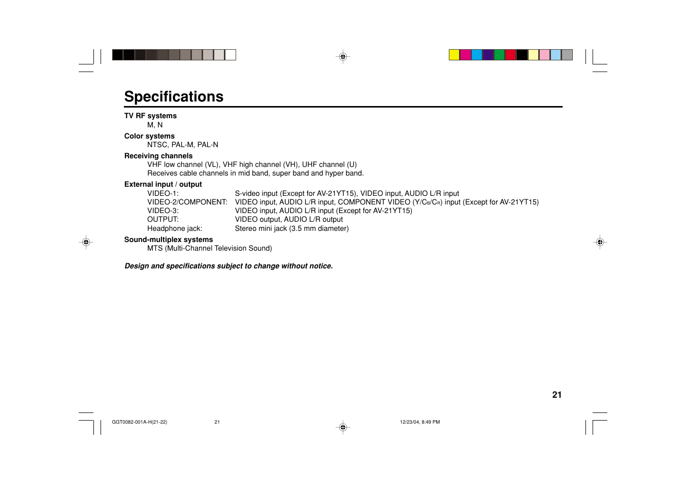 Specifications | JVC AV-29VT15 User Manual | Page 21 / 22