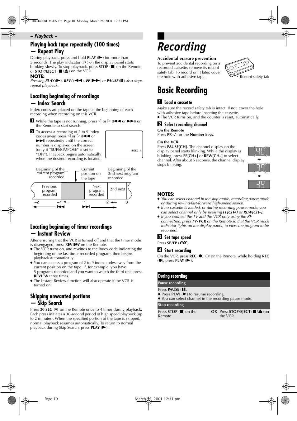 Recording, Basic recording, Locating beginning of recordings — index search | Skipping unwanted portions — skip search | JVC HR-J4008UM User Manual | Page 10 / 16