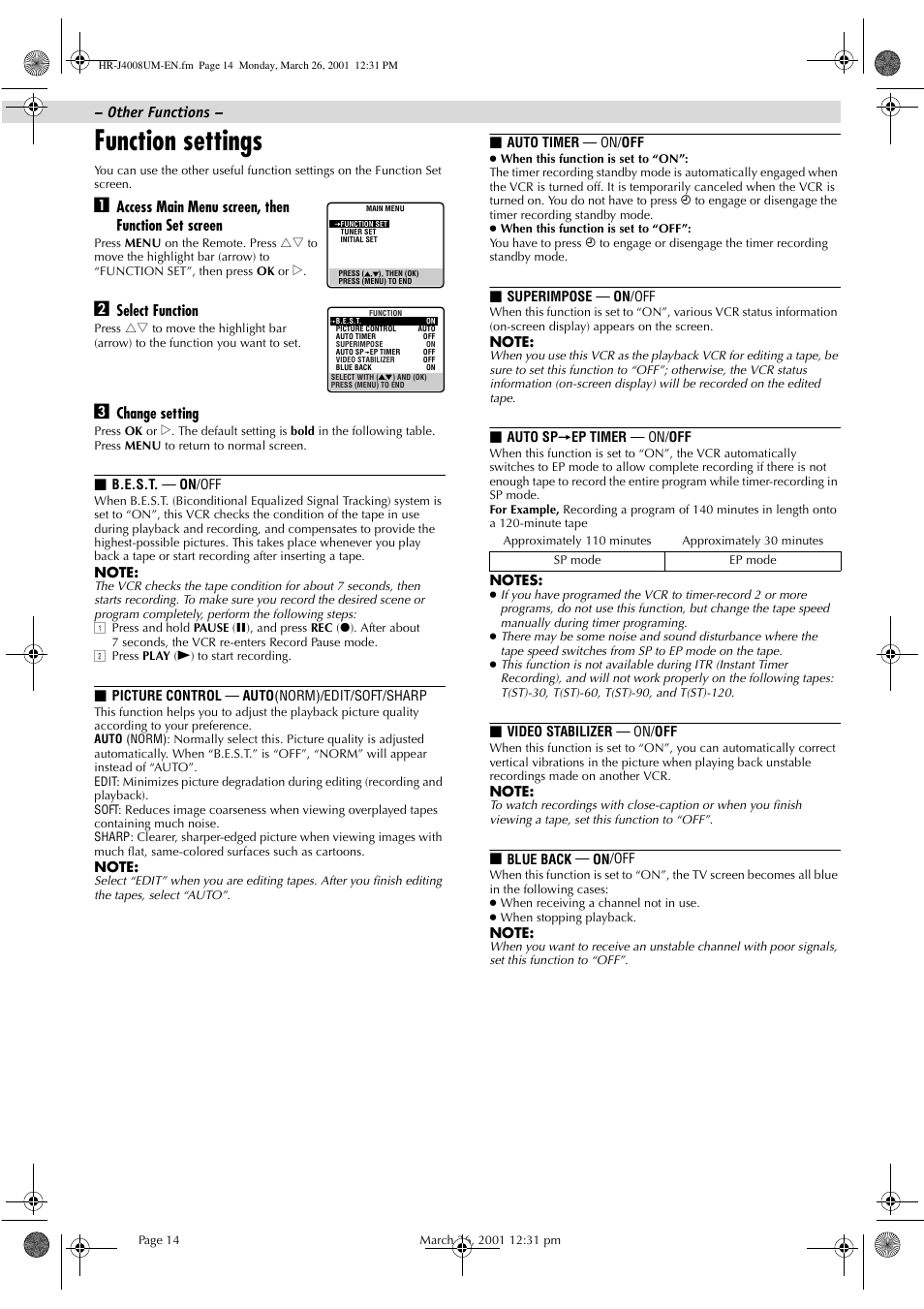 Function settings | JVC HR-J4008UM User Manual | Page 14 / 16