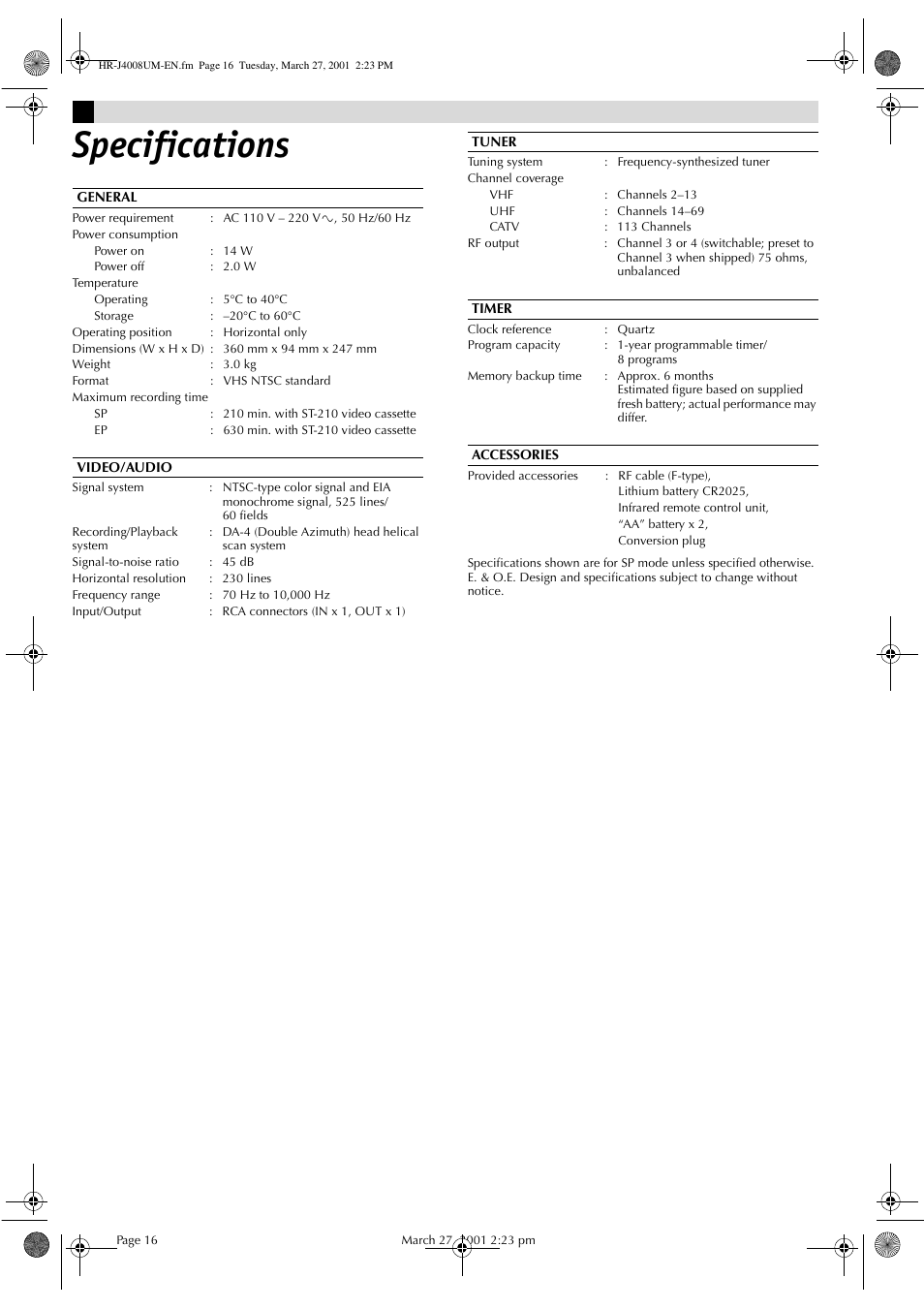 Specifications | JVC HR-J4008UM User Manual | Page 16 / 16