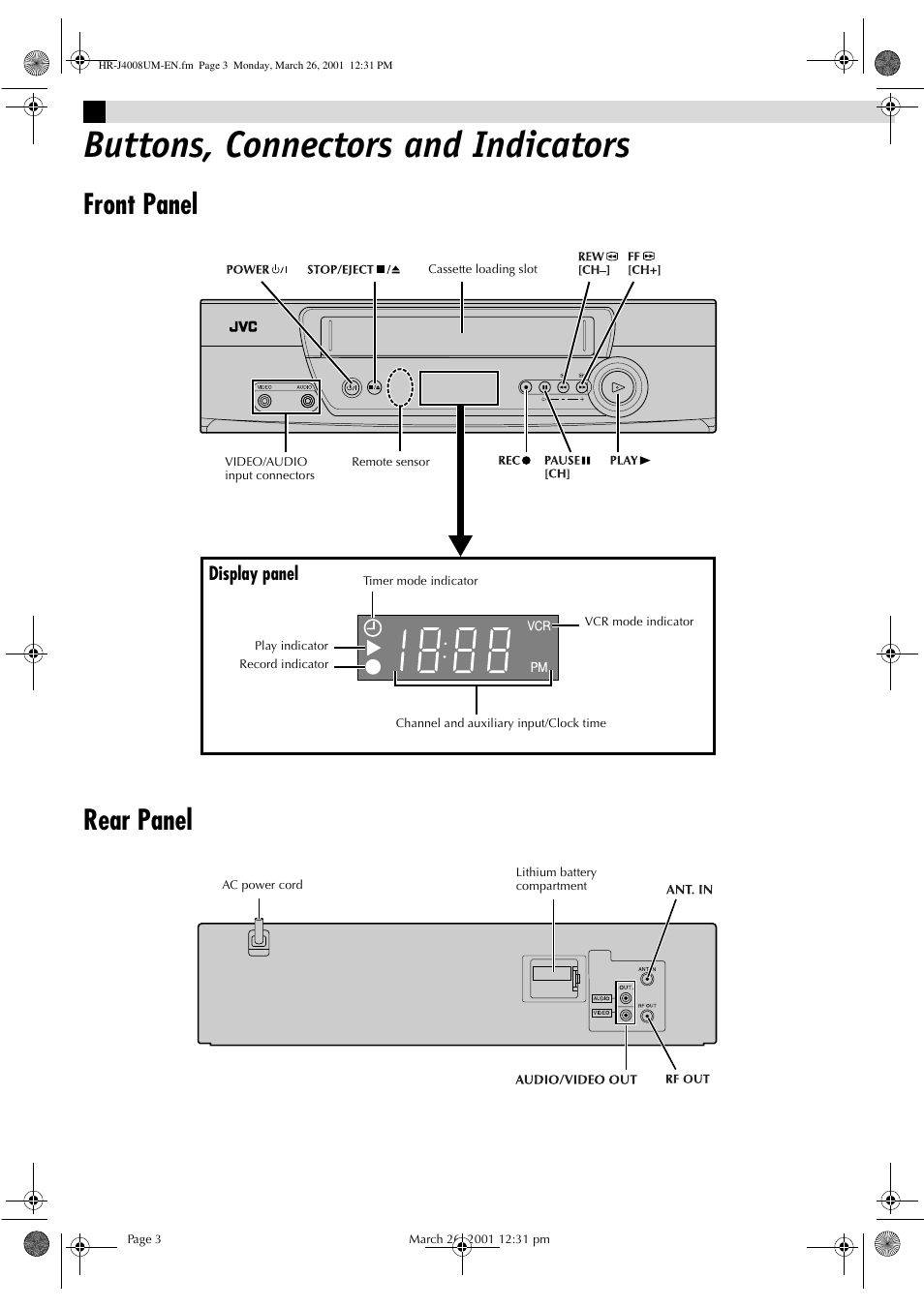 Buttons, connectors and indicators, Front panel rear panel | JVC HR-J4008UM User Manual | Page 3 / 16