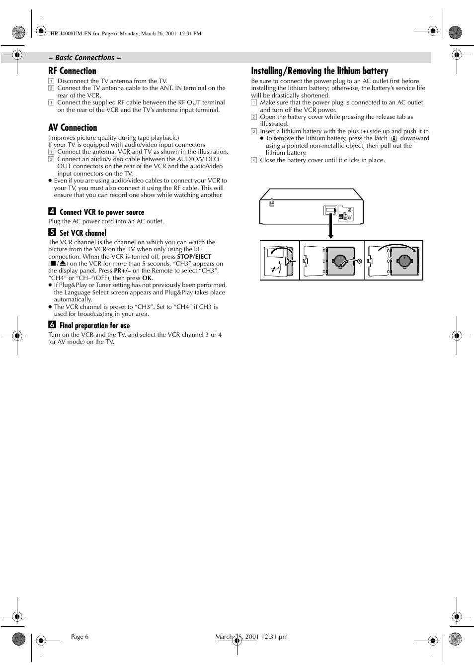 Rf connection, Av connection, Installing/removing the lithium battery | JVC HR-J4008UM User Manual | Page 6 / 16