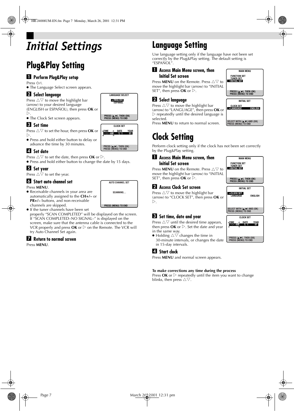 Initial settings, Plug&play setting, Language setting | Clock setting | JVC HR-J4008UM User Manual | Page 7 / 16