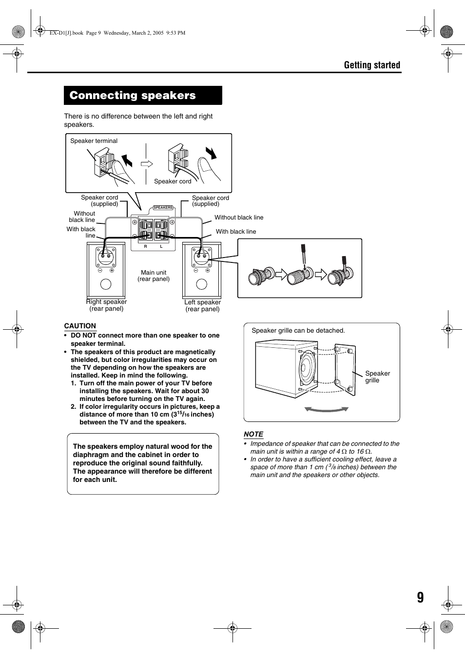 Connecting speakers, Connecting up connection, Getting started | JVC EX-D1 User Manual | Page 11 / 48