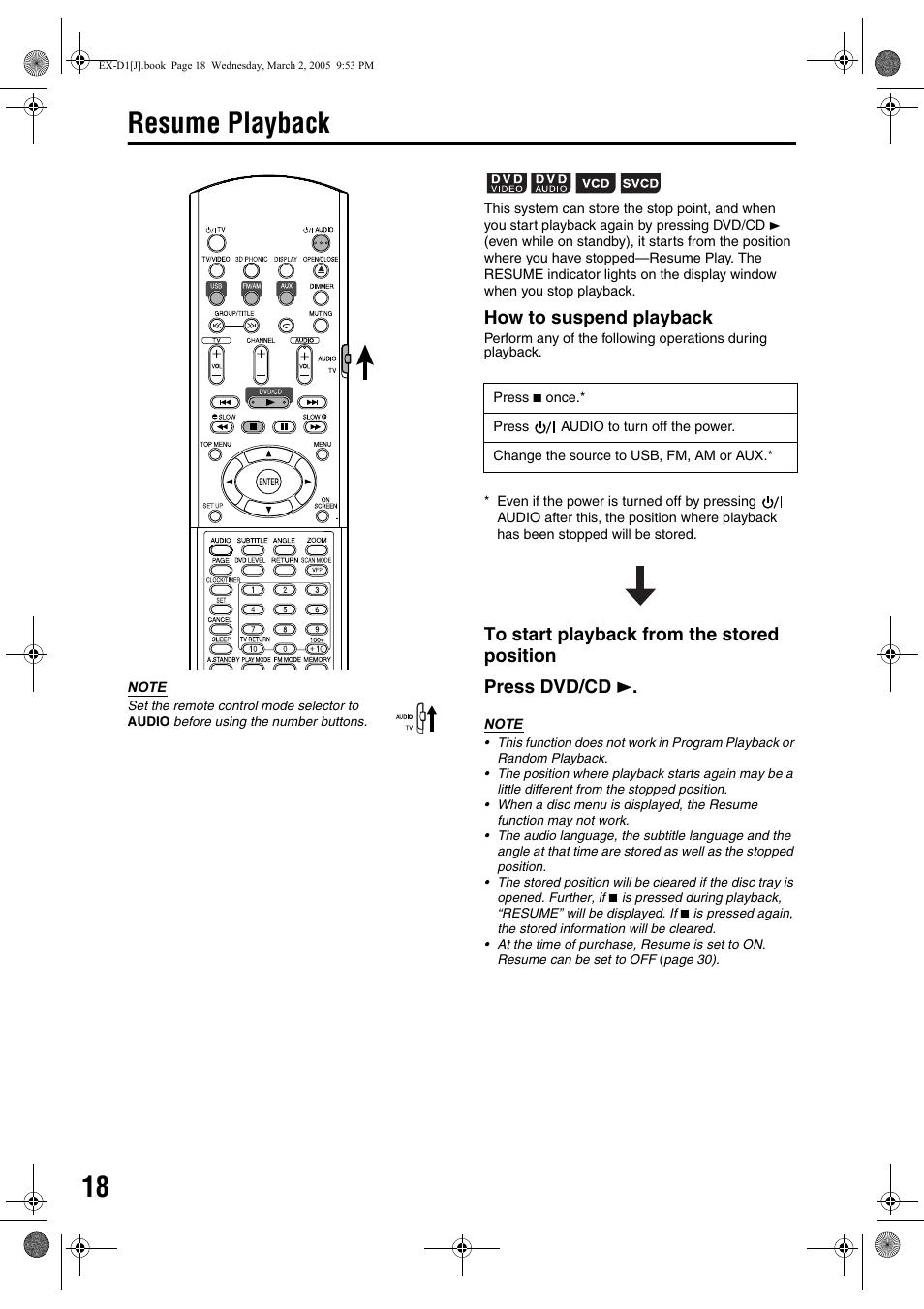 Resume playback, How to suspend playback | JVC EX-D1 User Manual | Page 20 / 48