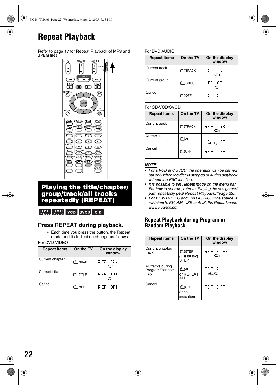 Repeat playback, Press repeat during playback, Repeat playback during program or random playback | JVC EX-D1 User Manual | Page 24 / 48