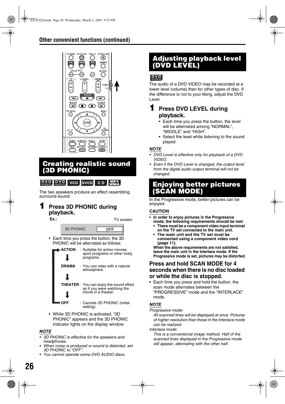 Creating realistic sound (3d phonic), Other convenient functions (continued), Press 3d phonic during playback | Press dvd level during playback | JVC EX-D1 User Manual | Page 28 / 48