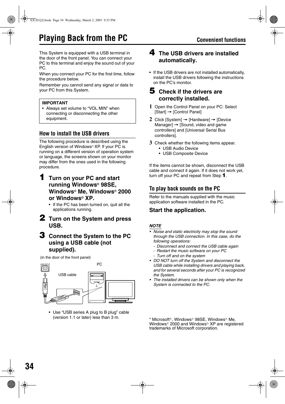 Playing back from the pc, How to install the usb drivers, Turn on your pc and start running windows | 98se, windows, Me, windows, 2000 or windows, Turn on the system and press usb, The usb drivers are installed automatically, Check if the drivers are correctly installed. 1, Start the application | JVC EX-D1 User Manual | Page 36 / 48