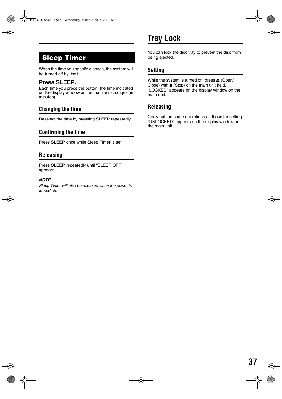 Tray lock, Sleep timer | JVC EX-D1 User Manual | Page 39 / 48