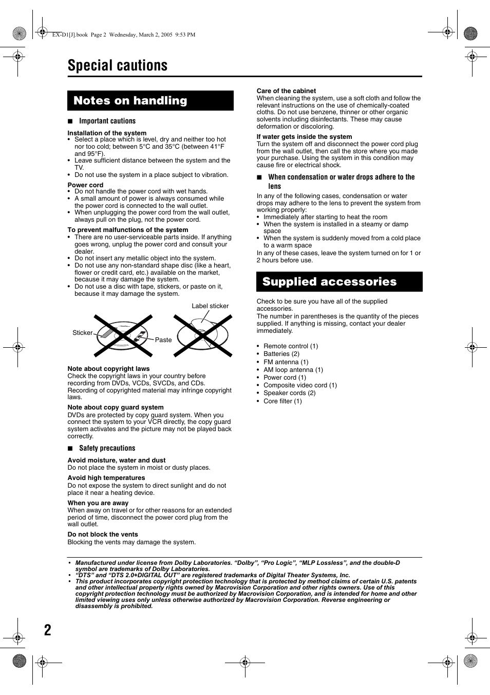 Special cautions, Supplied accessories | JVC EX-D1 User Manual | Page 4 / 48