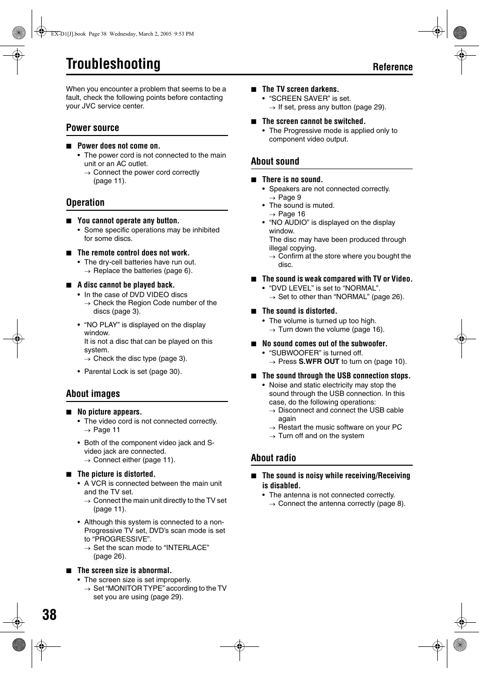 Troubleshooting, Reference, Power source | Operation, About images, About sound, About radio | JVC EX-D1 User Manual | Page 40 / 48