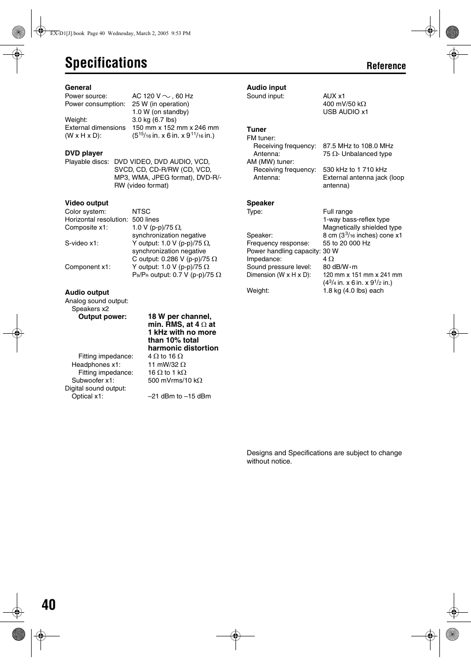 Specifications, Reference | JVC EX-D1 User Manual | Page 42 / 48