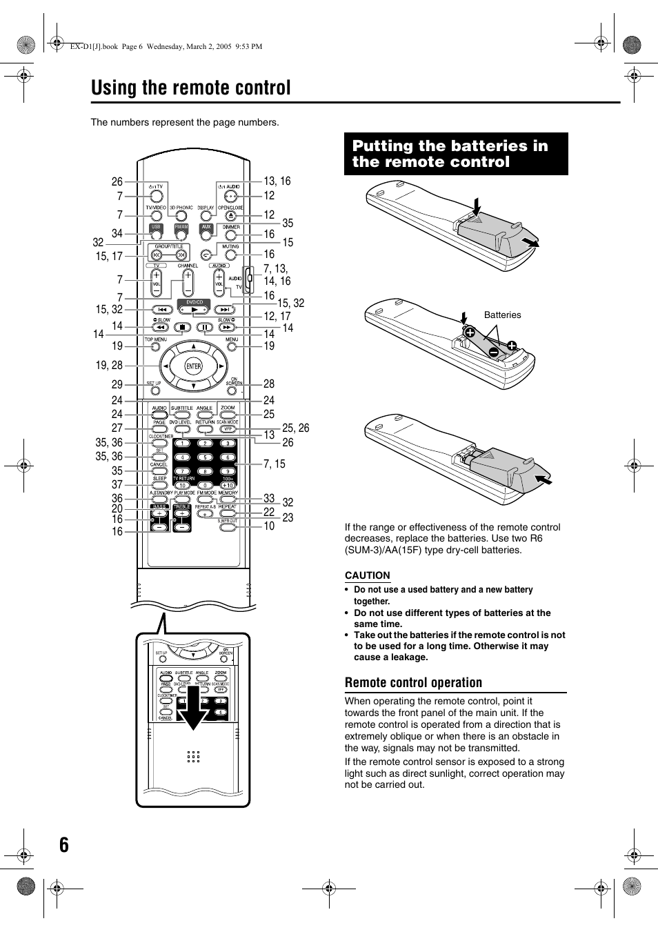 Using the remote control, Putting the batteries in the remote control | JVC EX-D1 User Manual | Page 8 / 48