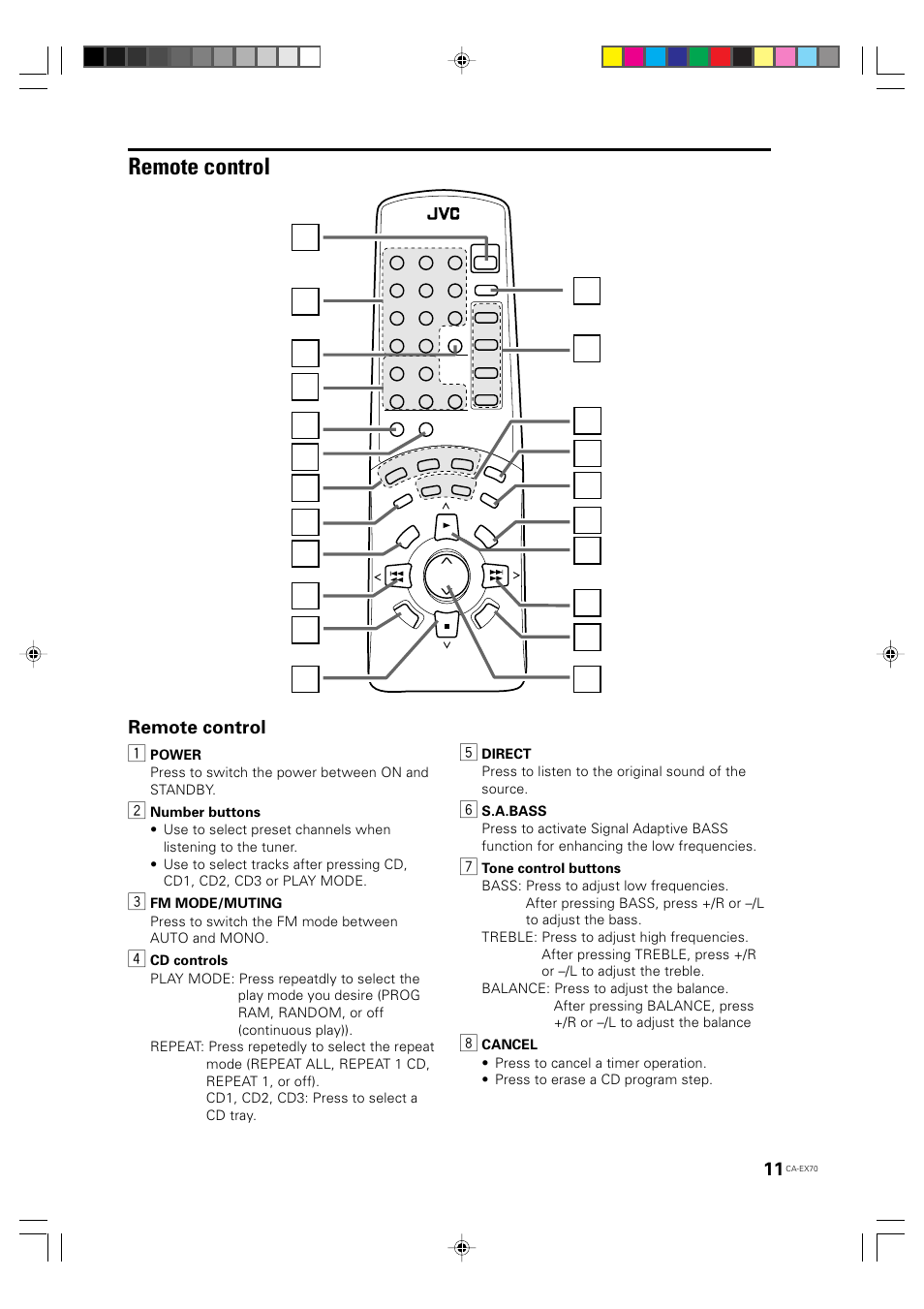 Remote control, Remote control 1 | JVC CA-EX70 User Manual | Page 11 / 51