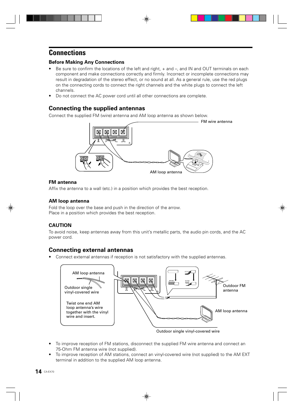 Connections, Connecting the supplied antennas, Connecting external antennas | Before making any connections, Fm antenna, Am loop antenna, Caution | JVC CA-EX70 User Manual | Page 14 / 51