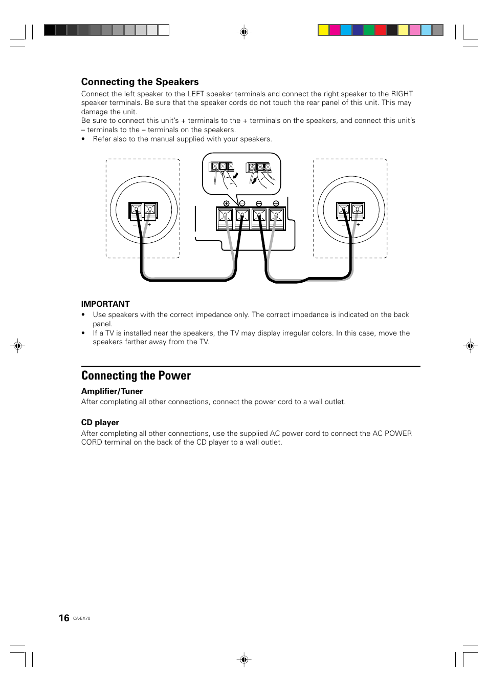 Connecting the power, Connecting the speakers | JVC CA-EX70 User Manual | Page 16 / 51