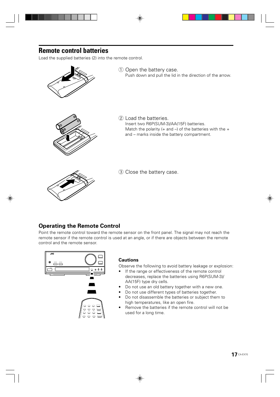 Remote control batteries, Operating the remote control, 1 open the battery case | 2 load the batteries, 3 close the battery case, Cautions, Standby | JVC CA-EX70 User Manual | Page 17 / 51