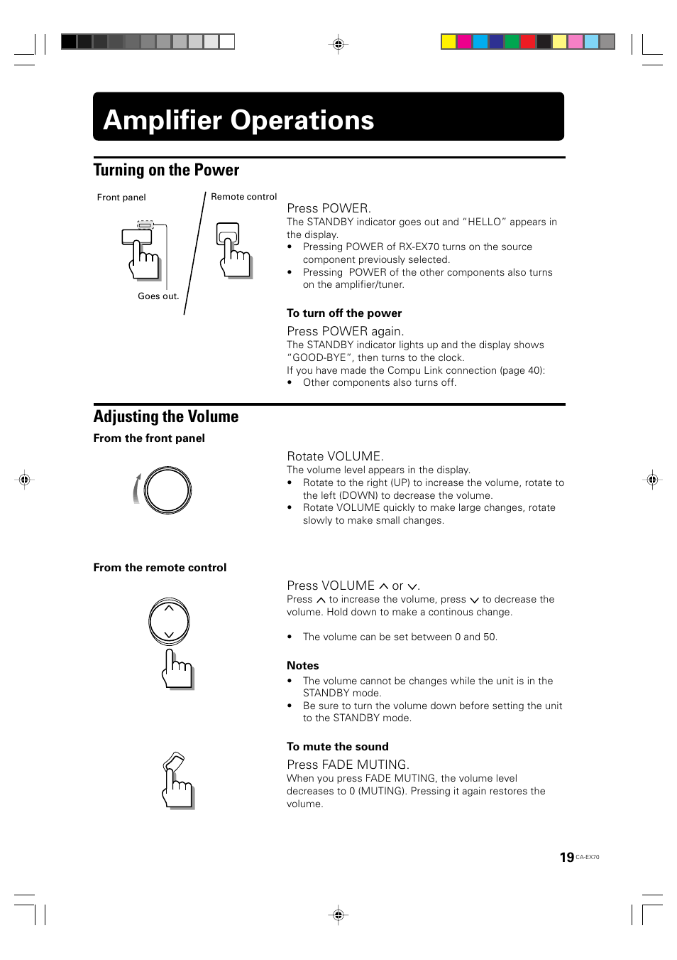 Amplifier operations, Turning on the power, Adjusting the volume | Press power, Press power again, Rotate volume, Press volume or, Press fade muting | JVC CA-EX70 User Manual | Page 19 / 51