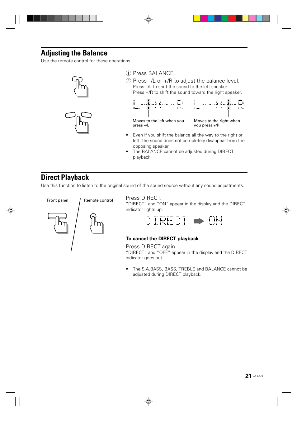 Adjusting the balance, Direct playback, Press direct | Press direct again | JVC CA-EX70 User Manual | Page 21 / 51