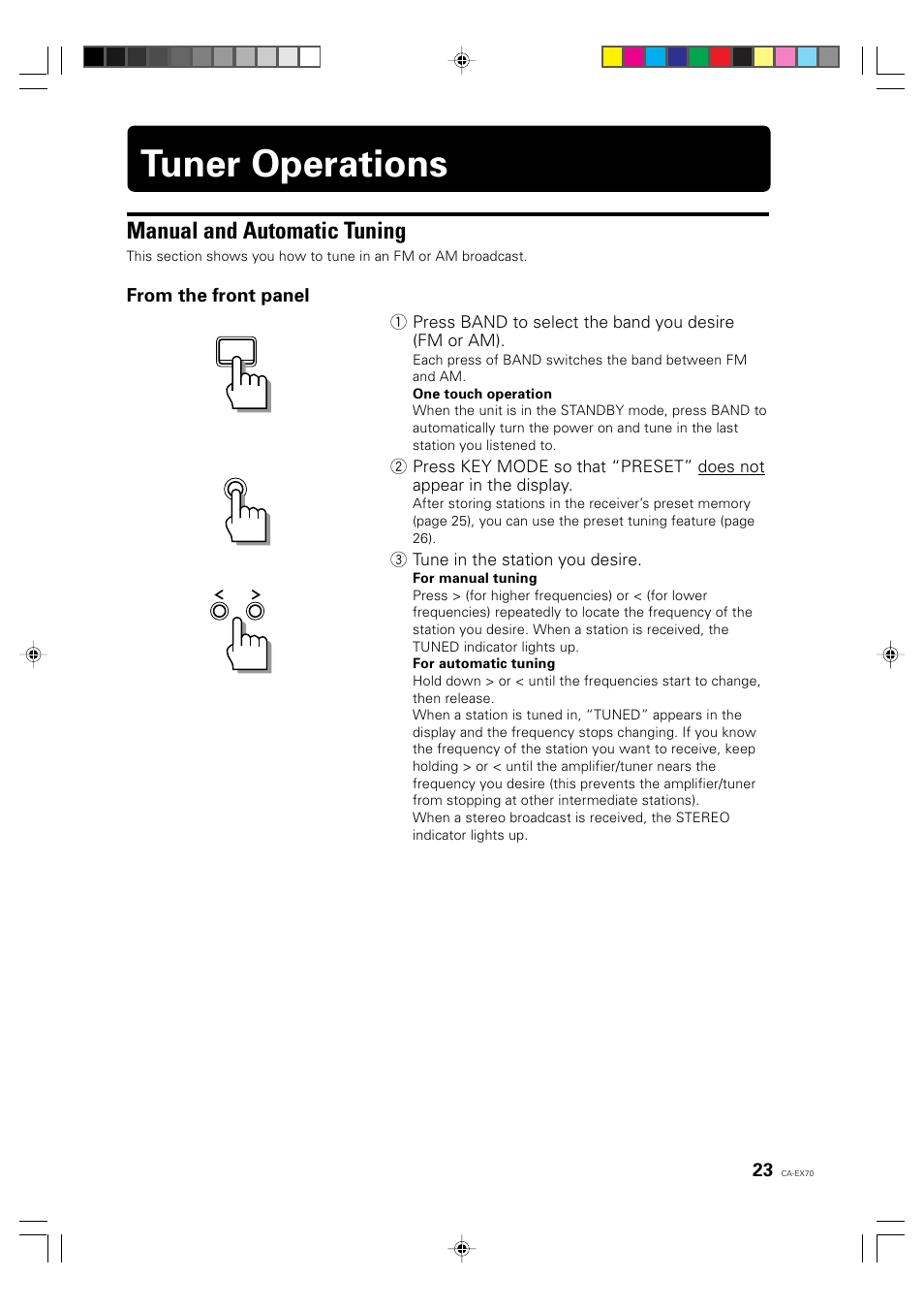 Tuner operations, Manual and automatic tuning | JVC CA-EX70 User Manual | Page 23 / 51