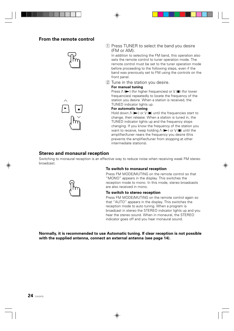 Stereo and monaural reception | JVC CA-EX70 User Manual | Page 24 / 51