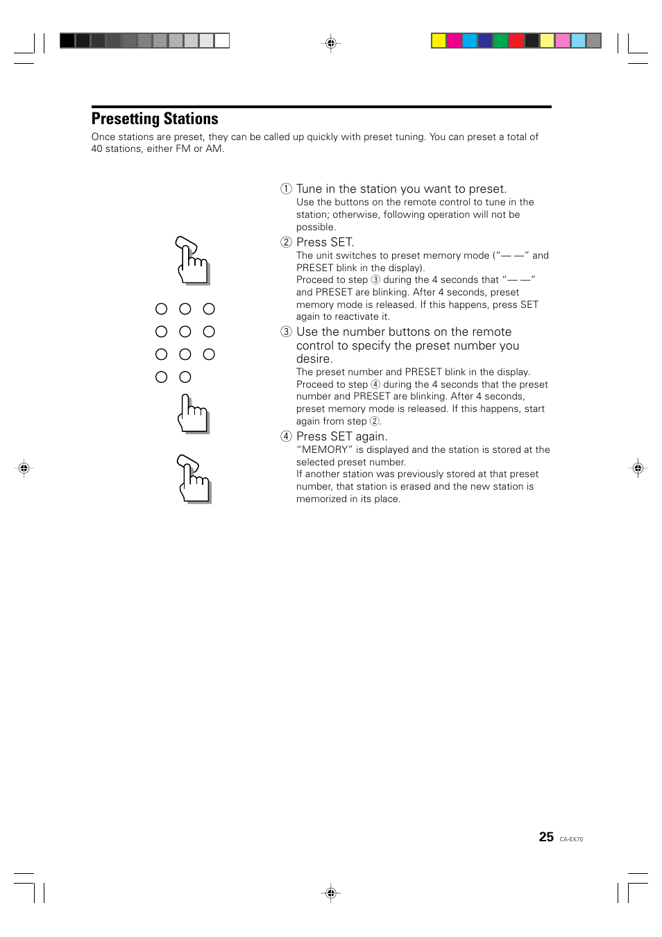 Presetting stations, 1 tune in the station you want to preset, 2 press set | 4 press set again | JVC CA-EX70 User Manual | Page 25 / 51