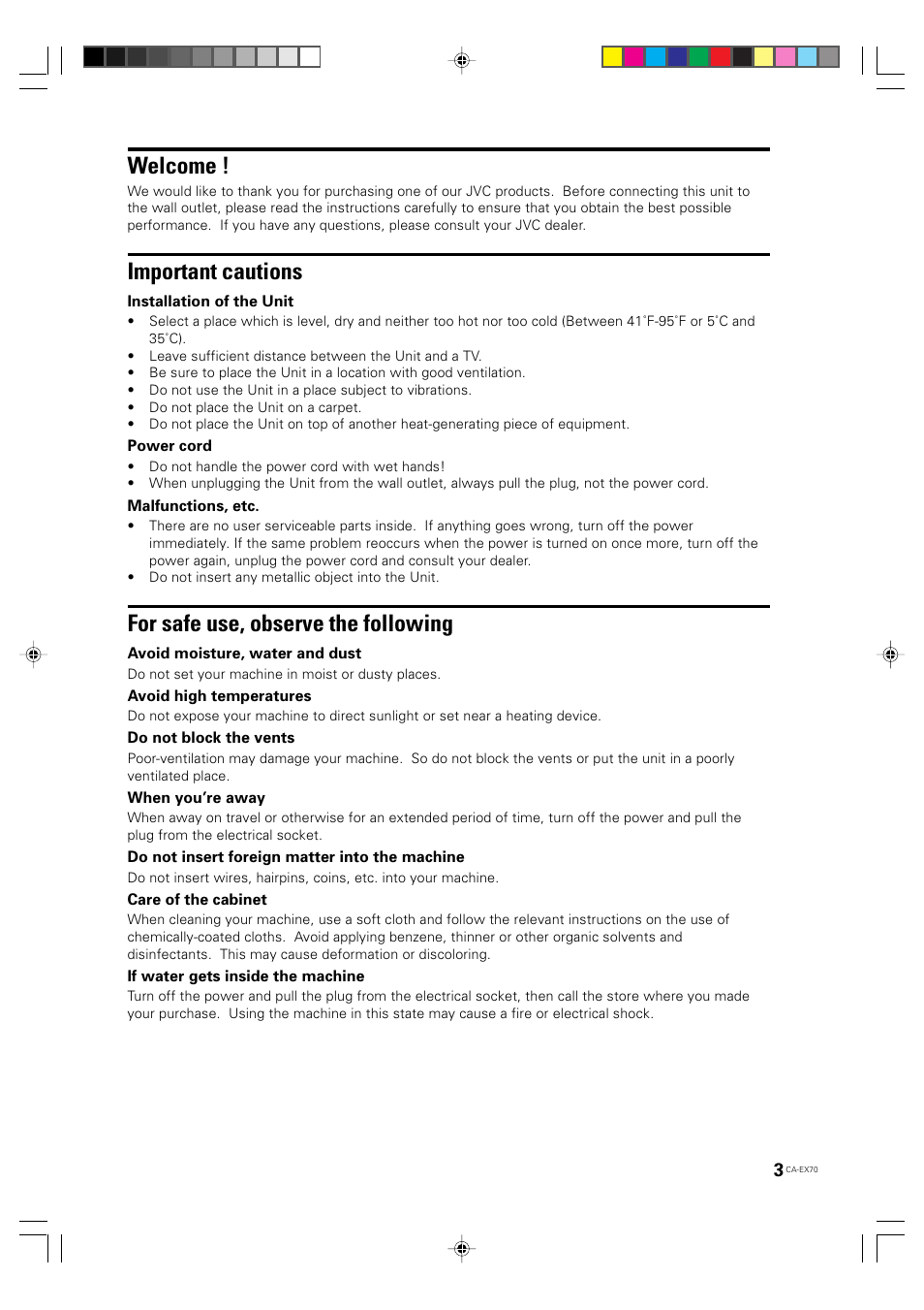 Welcome, Important cautions, For safe use, observe the following | JVC CA-EX70 User Manual | Page 3 / 51