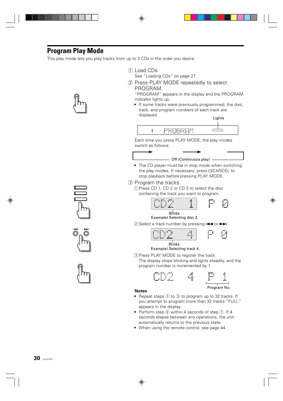 Program play mode, 1 load cds, 2 press play mode repeatedly to select program | 3 program the tracks | JVC CA-EX70 User Manual | Page 30 / 51