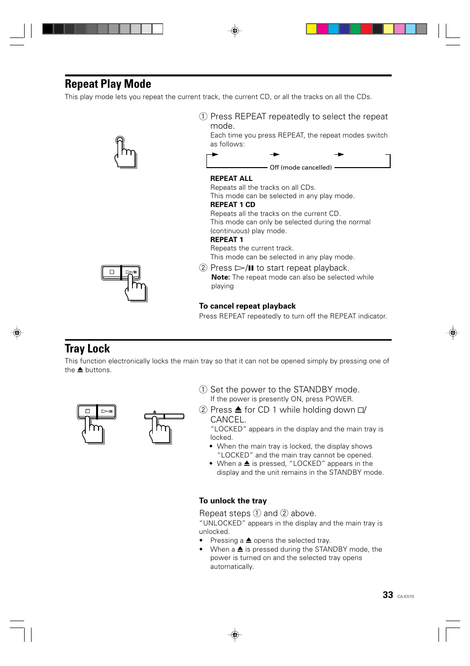 Repeat play mode, Tray lock | JVC CA-EX70 User Manual | Page 33 / 51