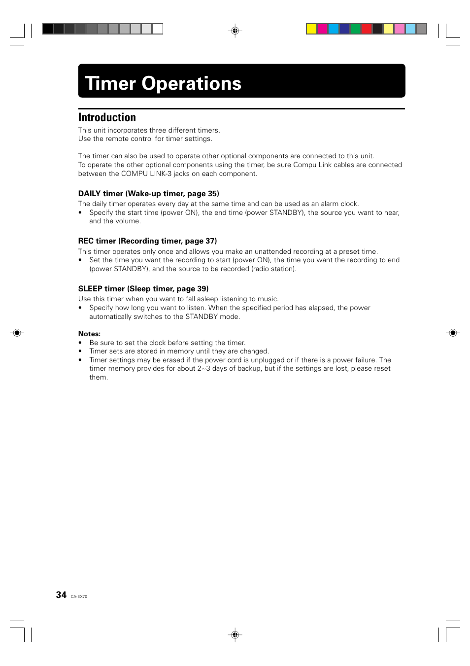 Timer operations, Introduction | JVC CA-EX70 User Manual | Page 34 / 51