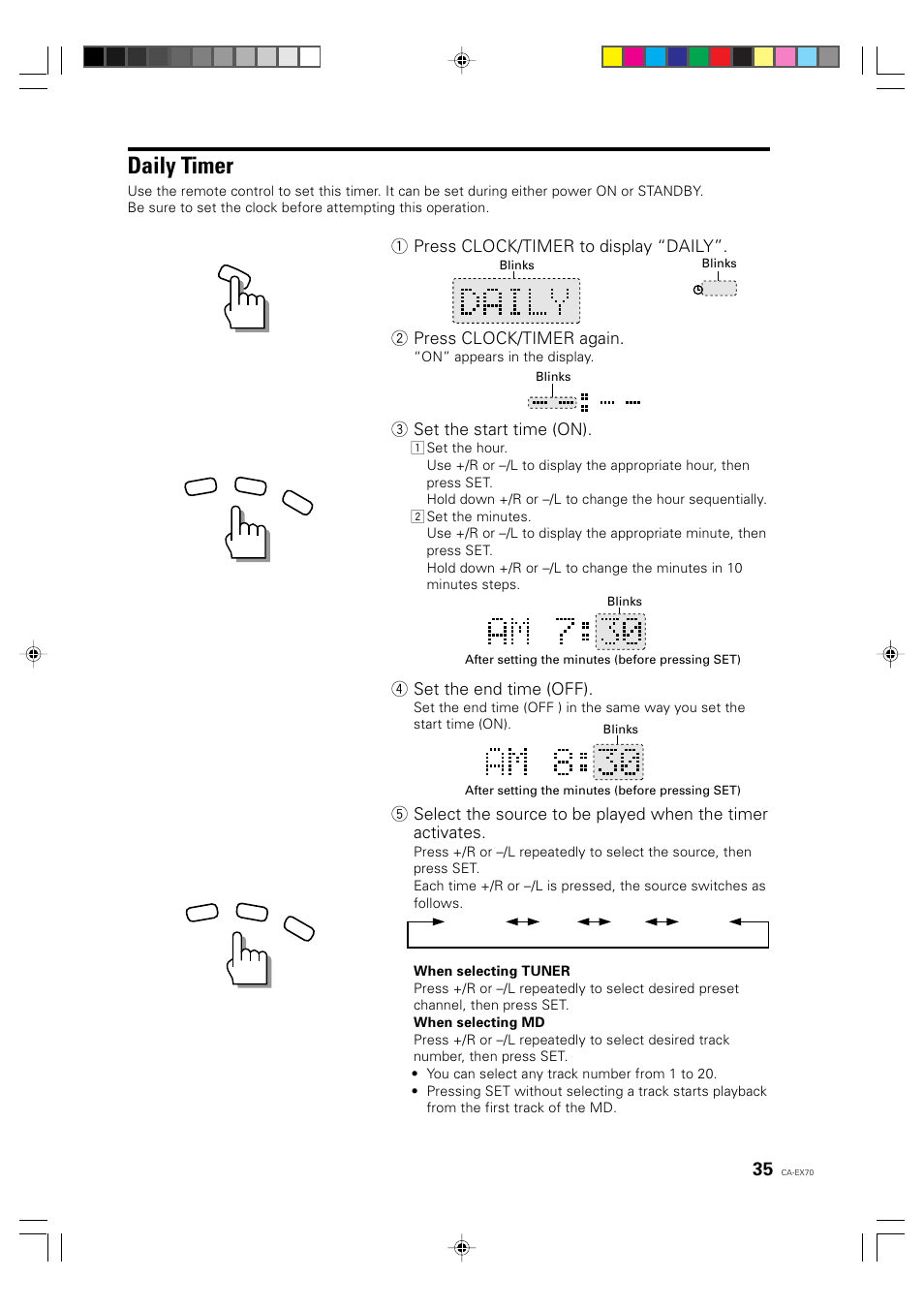 Daily timer, 3 set the start time (on), 4 set the end time (off) | JVC CA-EX70 User Manual | Page 35 / 51