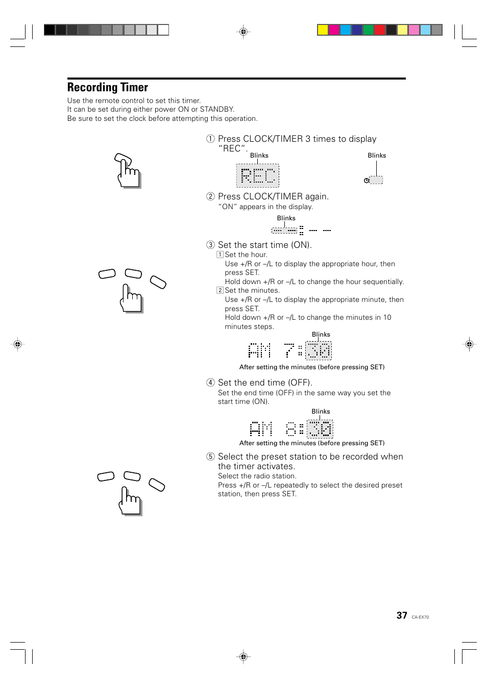 Recording timer, 3 set the start time (on), 4 set the end time (off) | JVC CA-EX70 User Manual | Page 37 / 51